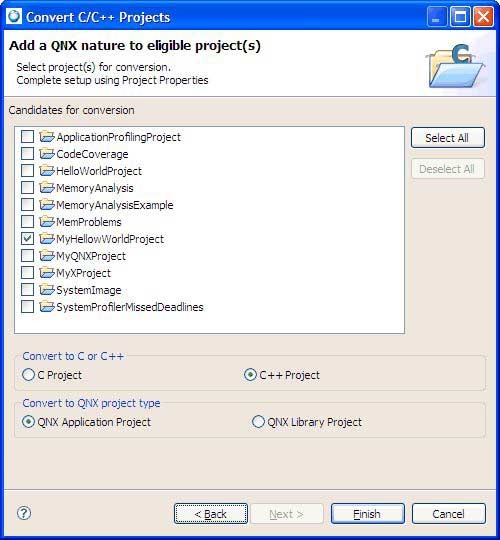 Convert to QNX project wizard