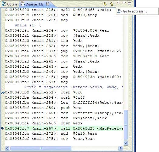 Disassembly view: jumping to a memory address